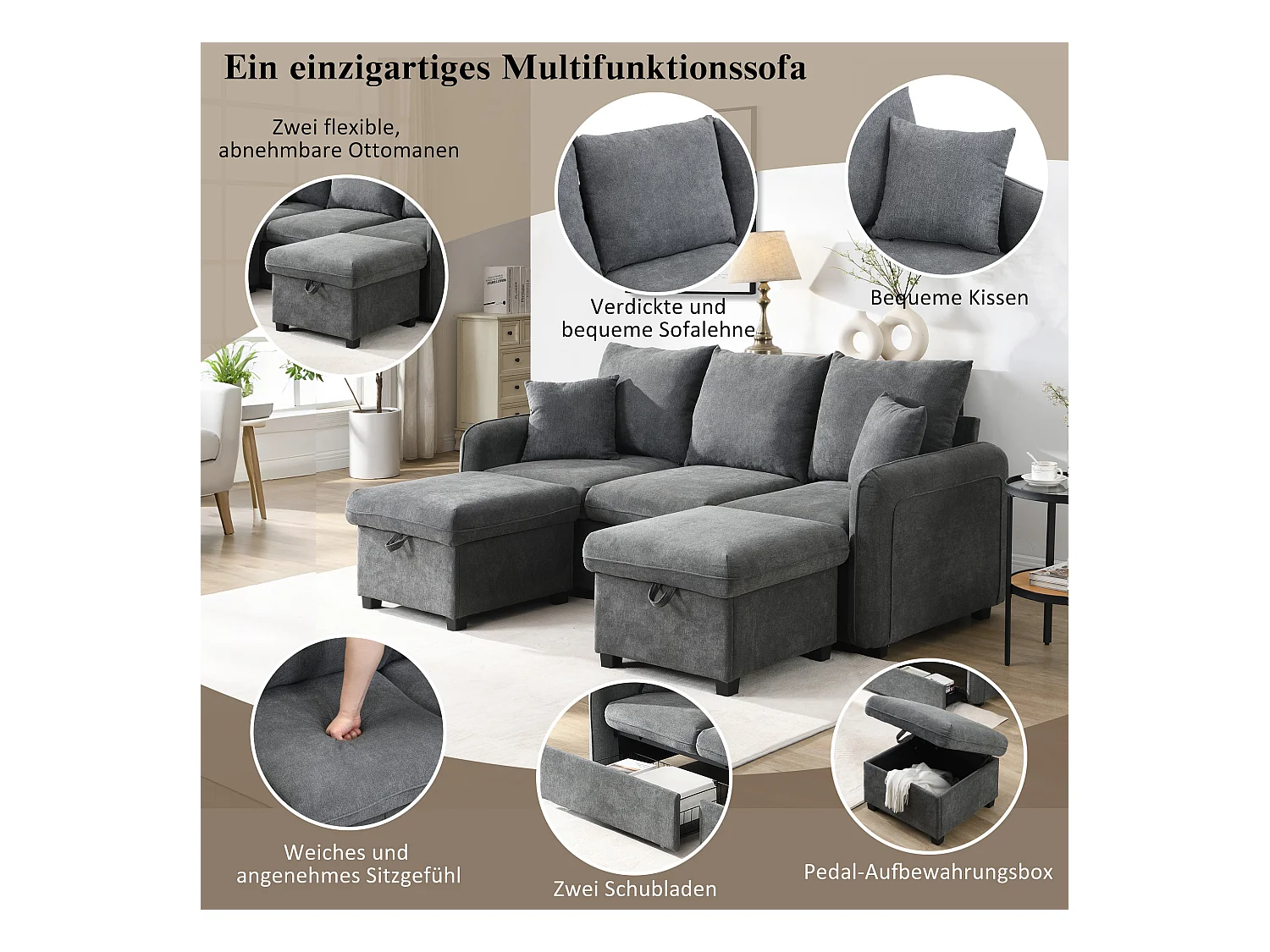 Canapé rembourré d'angle - 188 x 82 x 86 cm - 3 places - 2 repose-pieds avec rangements + 2 tiroirs - velours - gris