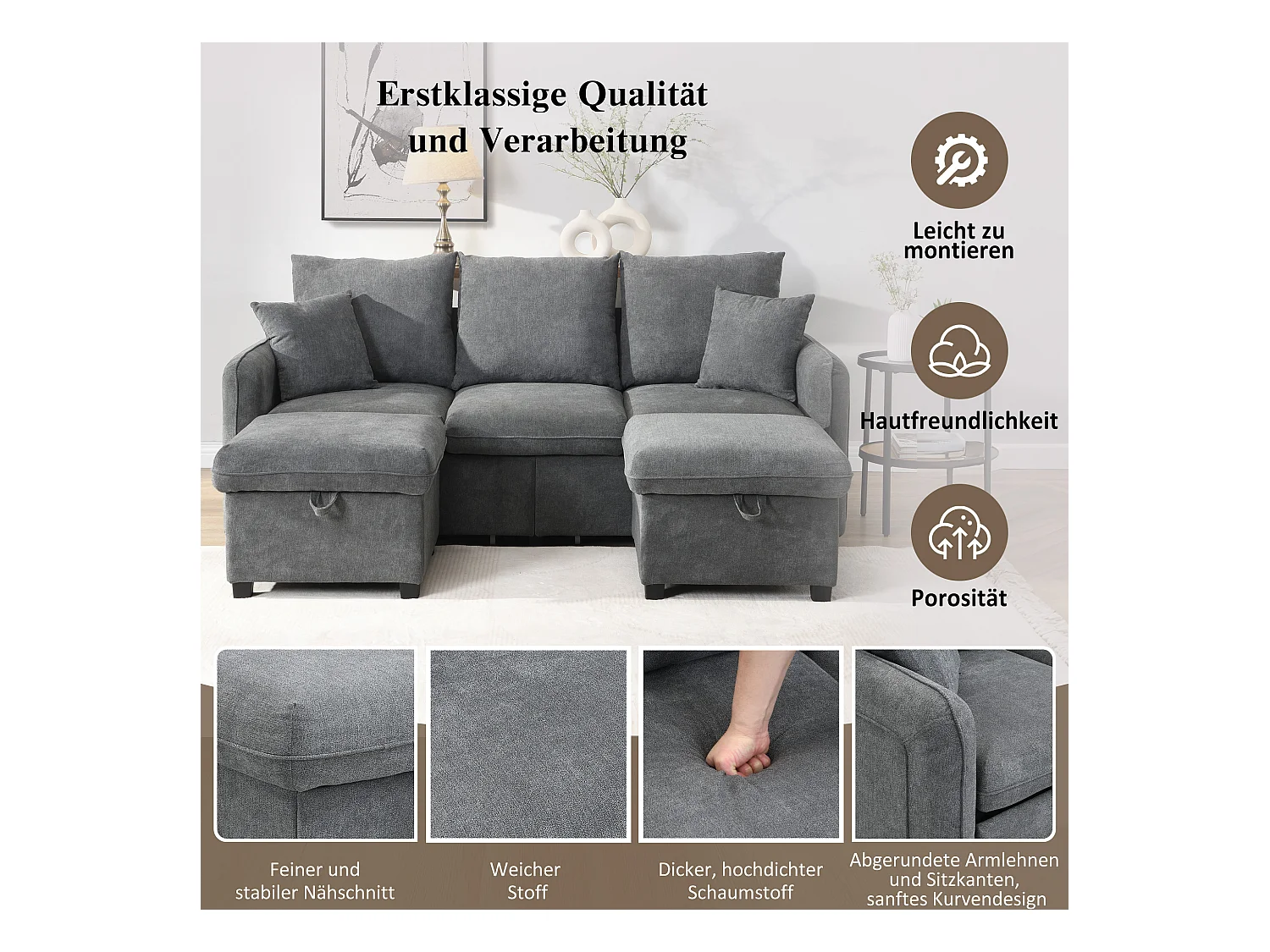 Canapé rembourré d'angle - 188 x 82 x 86 cm - 3 places - 2 repose-pieds avec rangements + 2 tiroirs - velours - gris