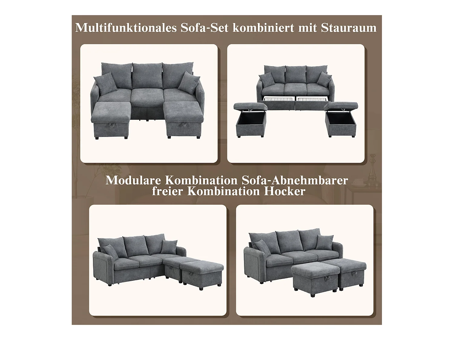 Canapé rembourré d'angle - 188 x 82 x 86 cm - 3 places - 2 repose-pieds avec rangements + 2 tiroirs - velours - gris