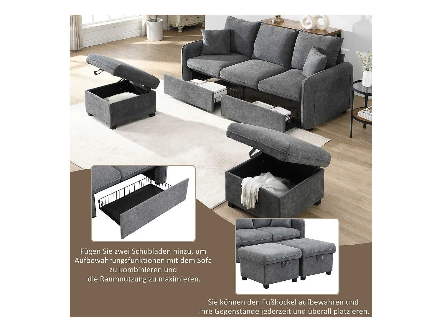 Canapé rembourré d'angle - 188 x 82 x 86 cm - 3 places - 2 repose-pieds avec rangements + 2 tiroirs - velours - gris