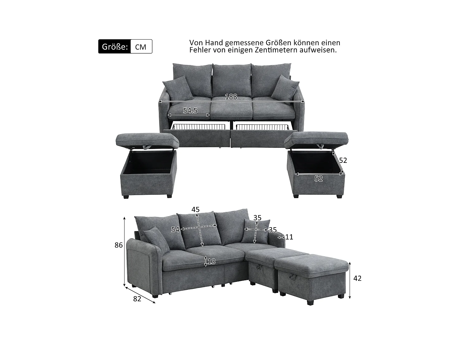 Canapé rembourré d'angle - 188 x 82 x 86 cm - 3 places - 2 repose-pieds avec rangements + 2 tiroirs - velours - gris