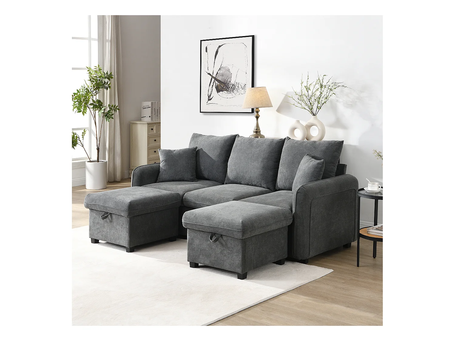 Canapé rembourré d'angle - 188 x 82 x 86 cm - 3 places - 2 repose-pieds avec rangements + 2 tiroirs - velours - gris