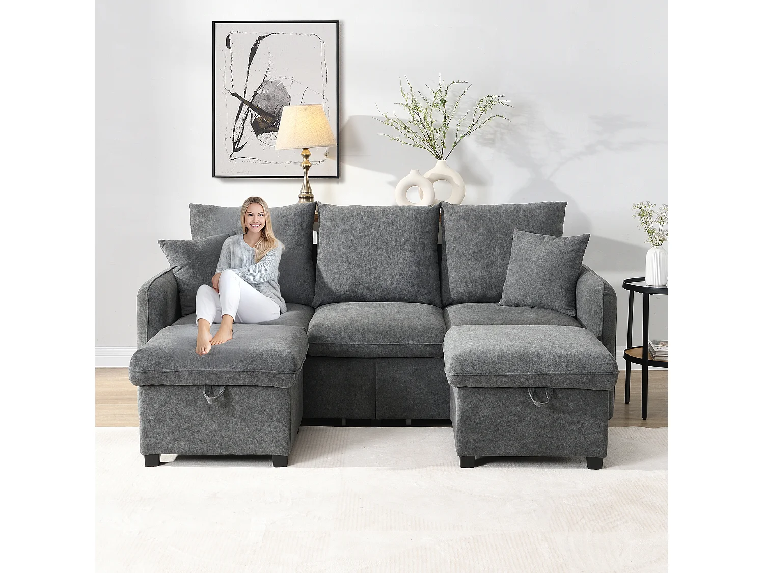 Canapé rembourré d'angle - 188 x 82 x 86 cm - 3 places - 2 repose-pieds avec rangements + 2 tiroirs - velours - gris