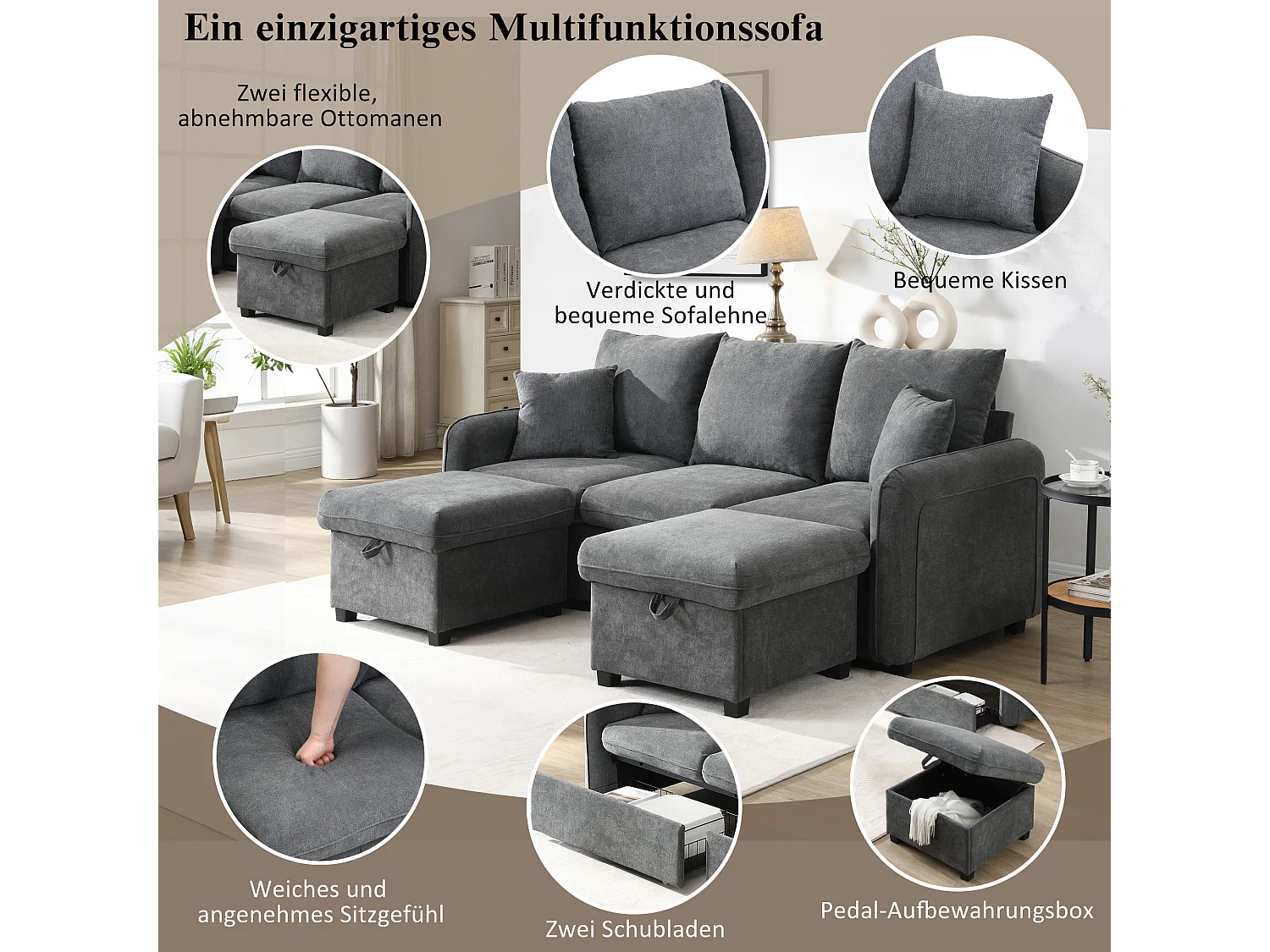 Canapé rembourré d'angle - 188 x 82 x 86 cm - 3 places - 2 repose-pieds avec rangements + 2 tiroirs - velours - gris