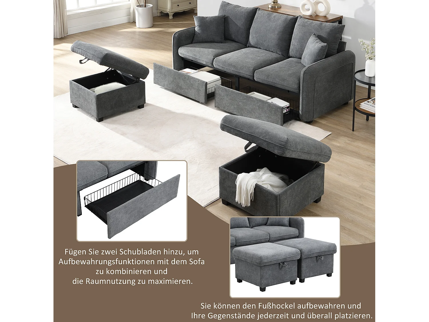 Canapé rembourré d'angle - 188 x 82 x 86 cm - 3 places - 2 repose-pieds avec rangements + 2 tiroirs - velours - gris