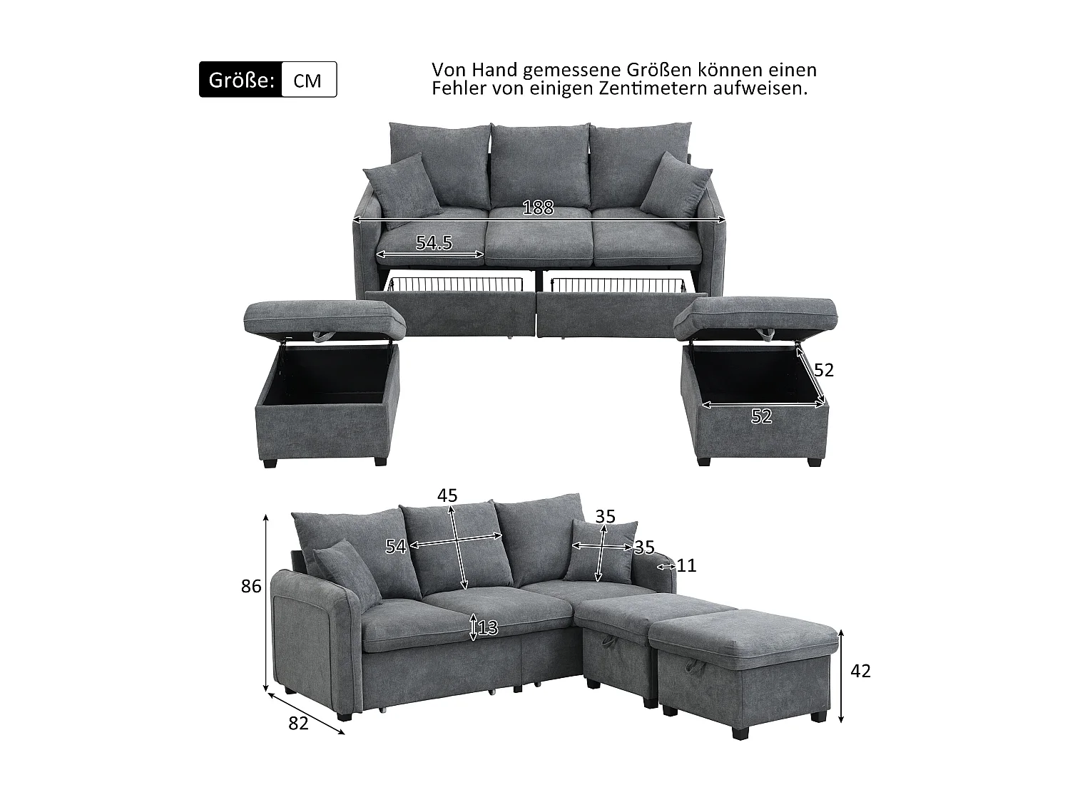 Canapé rembourré d'angle - 188 x 82 x 86 cm - 3 places - 2 repose-pieds avec rangements + 2 tiroirs - velours - gris