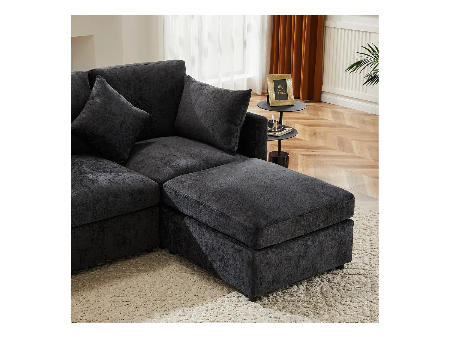 Canapé d'angle en L - 216 x 161 x 81 cm - canapé 4 places - avec repose-pieds - chenille - gris