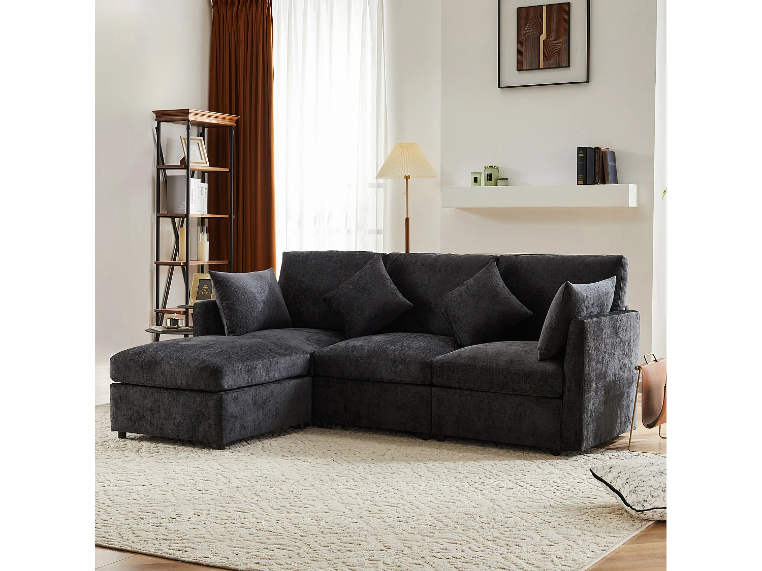 L-formad hörnsoffa - 216 x 161 x 81 cm - 4-sitssoffa - med fotpall - chenille - grå
