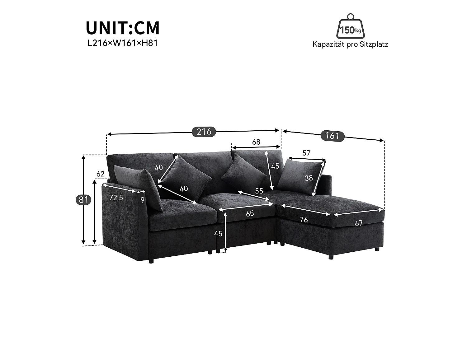 L-formad hörnsoffa - 216 x 161 x 81 cm - 4-sitssoffa - med fotpall - chenille - grå