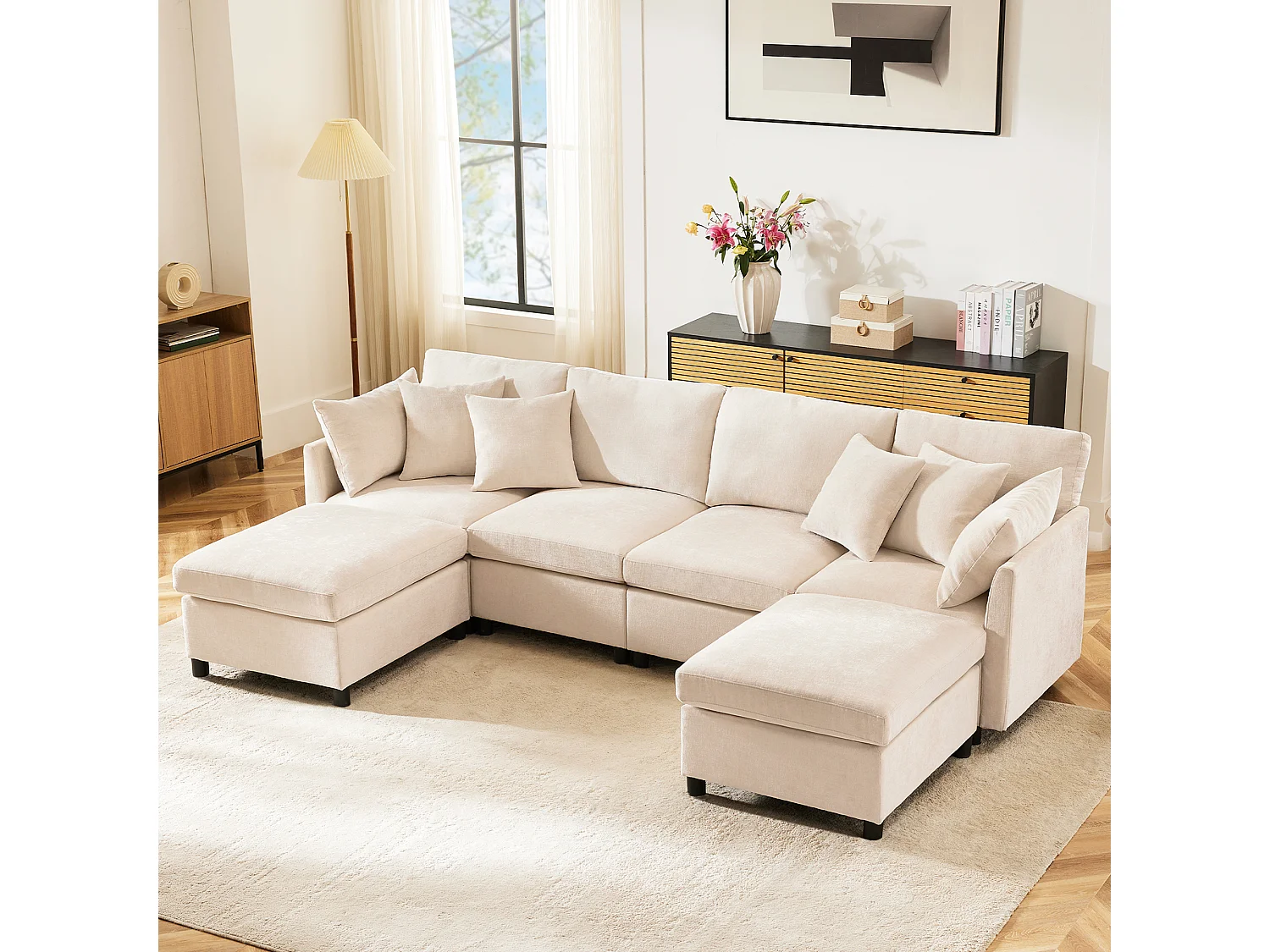 Sofá de canto em L - 216 x 161 x 81 cm - sofá de 4 lugares - com apoio para os pés removível - chenille - bege