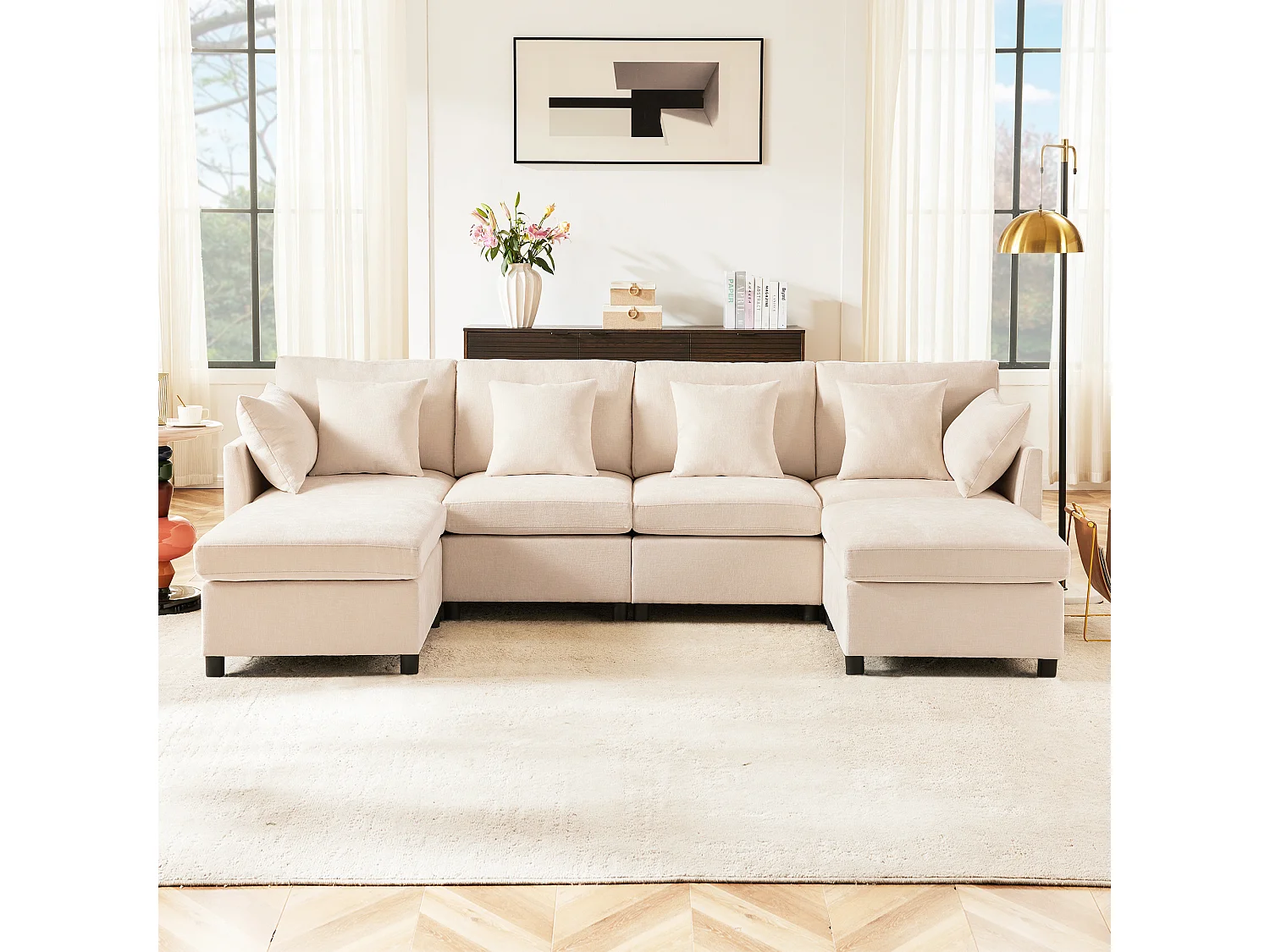 Sofá de canto em L - 216 x 161 x 81 cm - sofá de 4 lugares - com apoio para os pés removível - chenille - bege