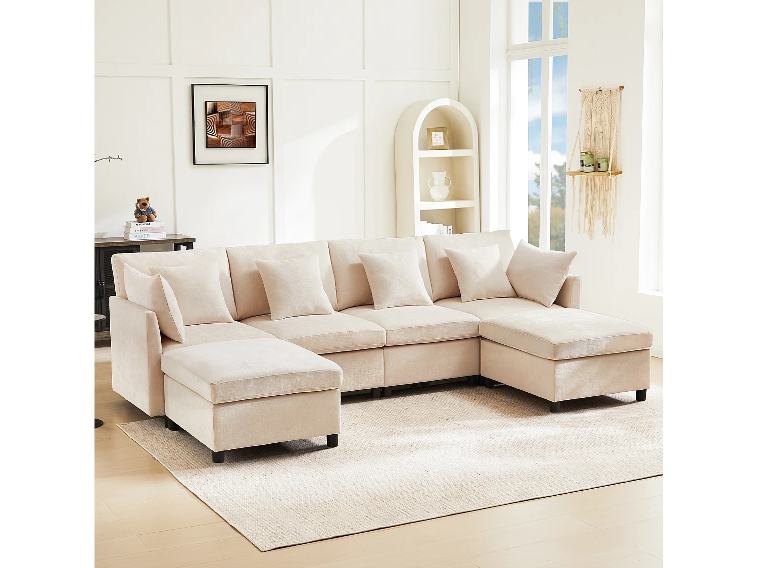 Sofá de canto em L - 216 x 161 x 81 cm - sofá de 4 lugares - com apoio para os pés removível - chenille - bege