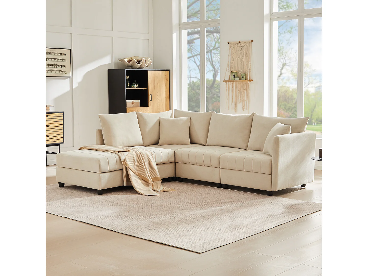 Canapé d'angle moderne - 220 x 194 x 85 cm - canapé modulable 5 places - avec repose-pieds convertible - Coton et lin - beige