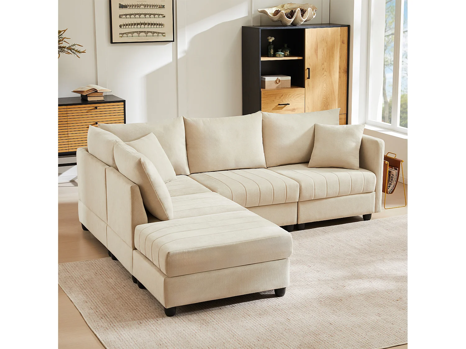 Canapé d'angle moderne - 220 x 194 x 85 cm - canapé modulable 5 places - avec repose-pieds convertible - Coton et lin - beige