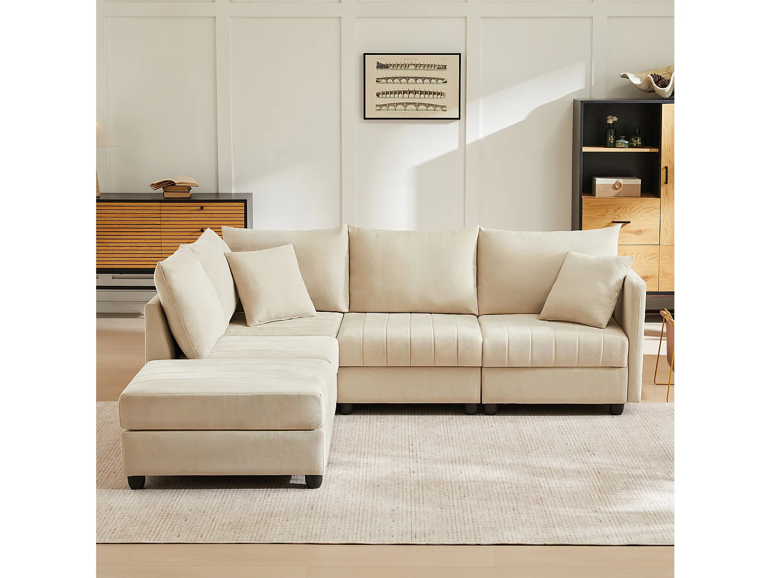 Canapé d'angle moderne - 220 x 194 x 85 cm - canapé modulable 5 places - avec repose-pieds convertible - Coton et lin - beige