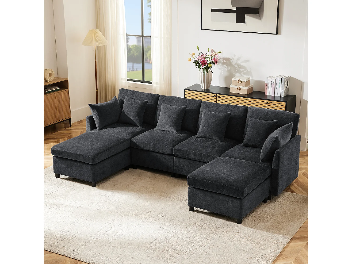 Sofá de canto em L - 216 x 161 x 81 cm - sofá de 4 lugares - com apoio para os pés removível - chenille - cinza