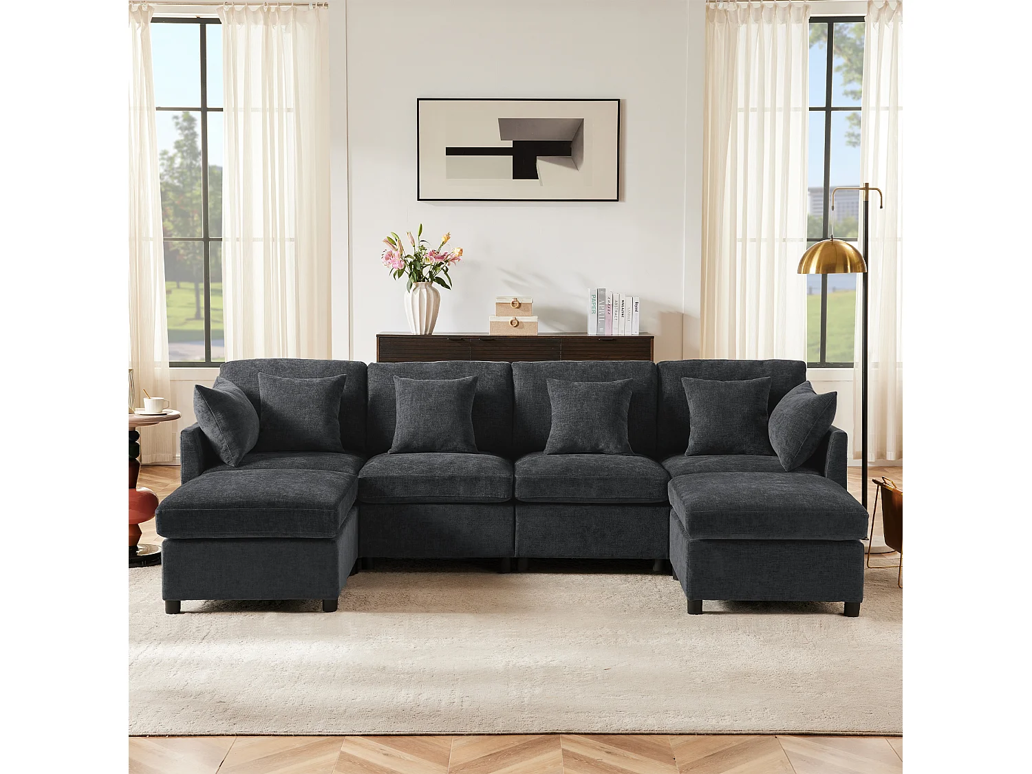 Sofá de canto em L - 216 x 161 x 81 cm - sofá de 4 lugares - com apoio para os pés removível - chenille - cinza