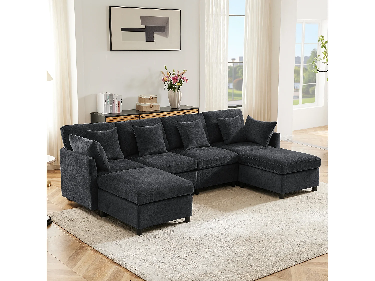 Sofá de canto em L - 216 x 161 x 81 cm - sofá de 4 lugares - com apoio para os pés removível - chenille - cinza