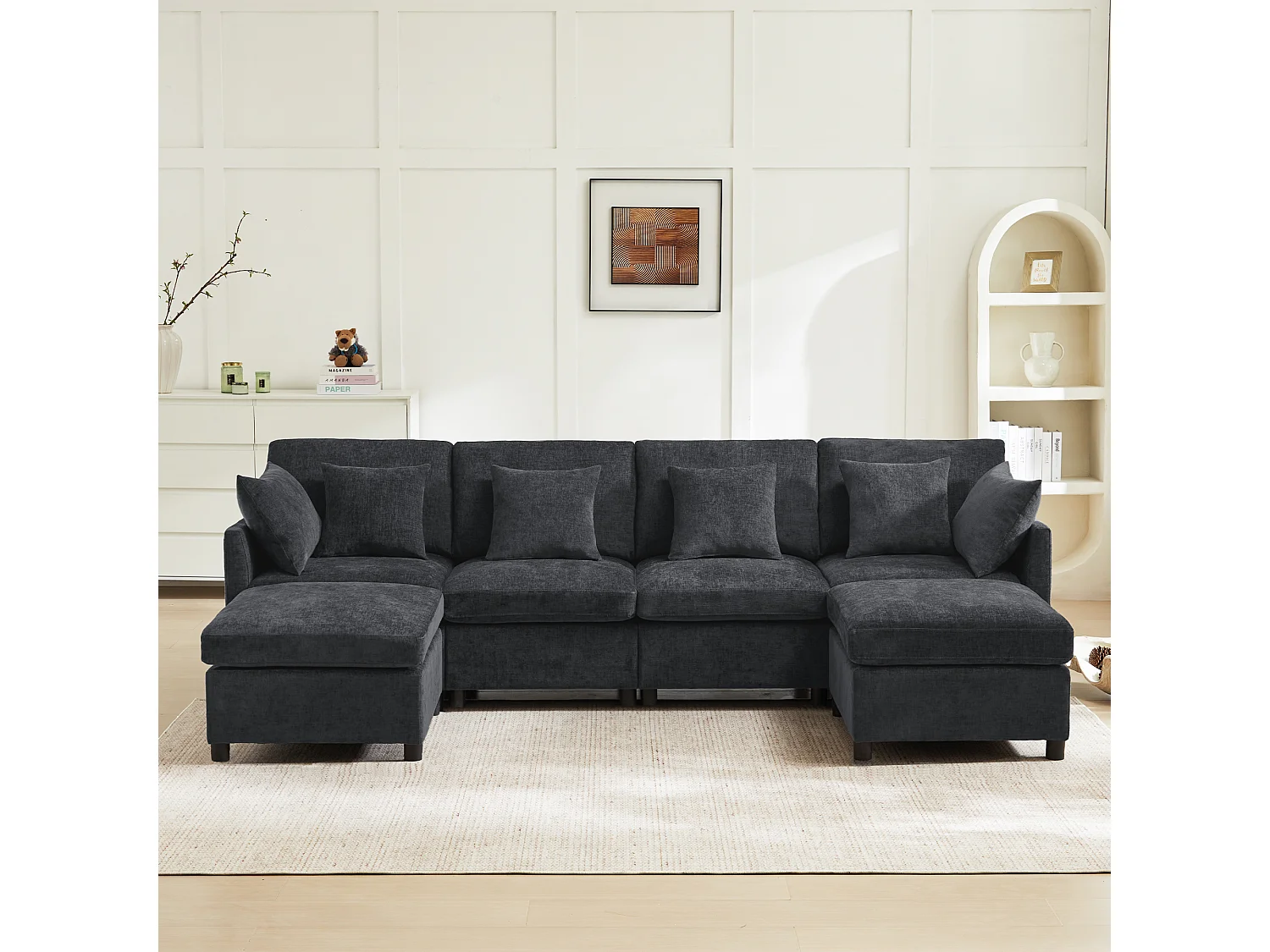 Sofá de canto em L - 216 x 161 x 81 cm - sofá de 4 lugares - com apoio para os pés removível - chenille - cinza