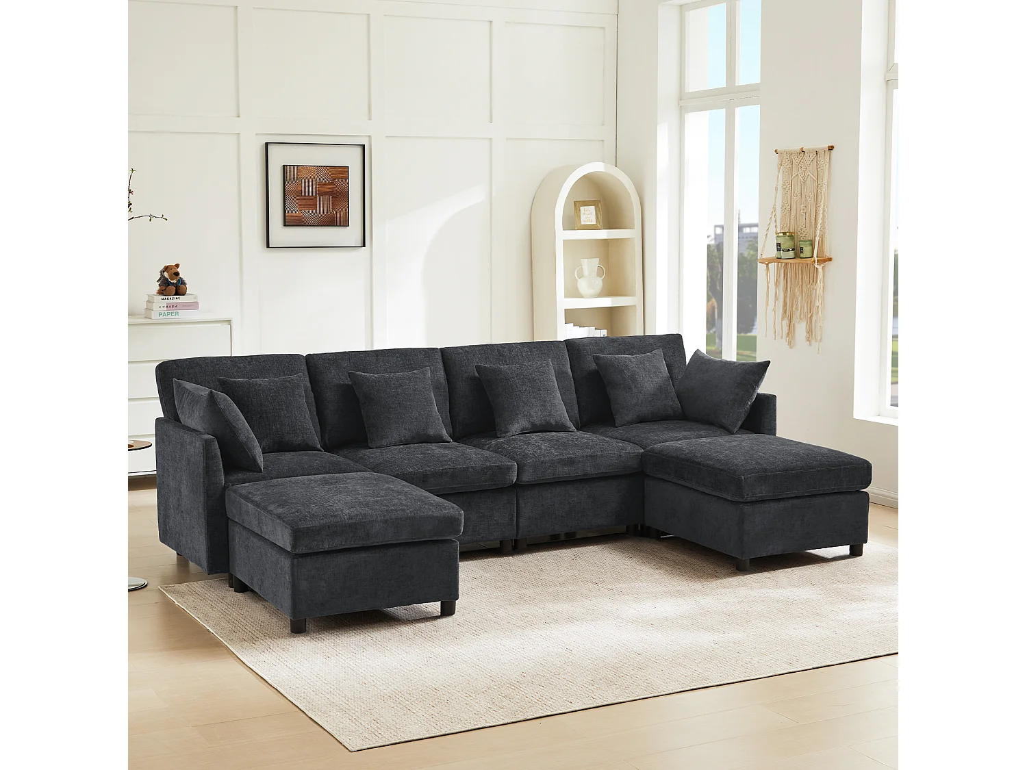 Sofá de canto em L - 216 x 161 x 81 cm - sofá de 4 lugares - com apoio para os pés removível - chenille - cinza