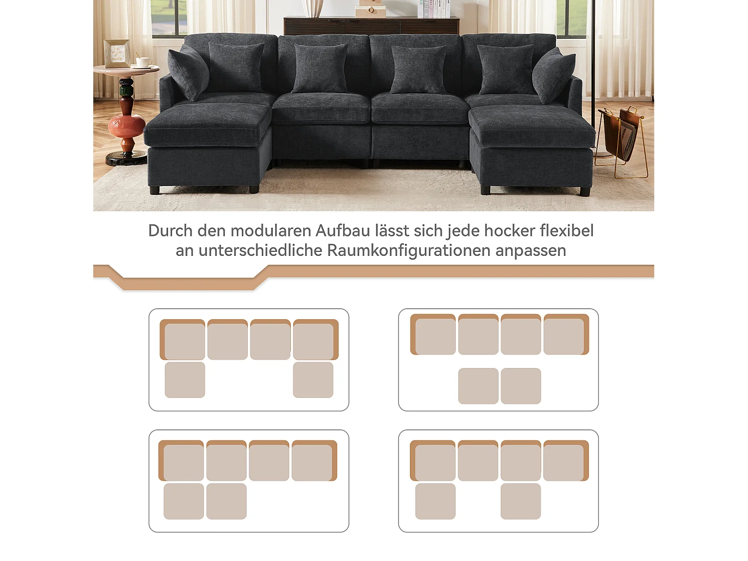 Sofá de canto em L - 216 x 161 x 81 cm - sofá de 4 lugares - com apoio para os pés removível - chenille - cinza
