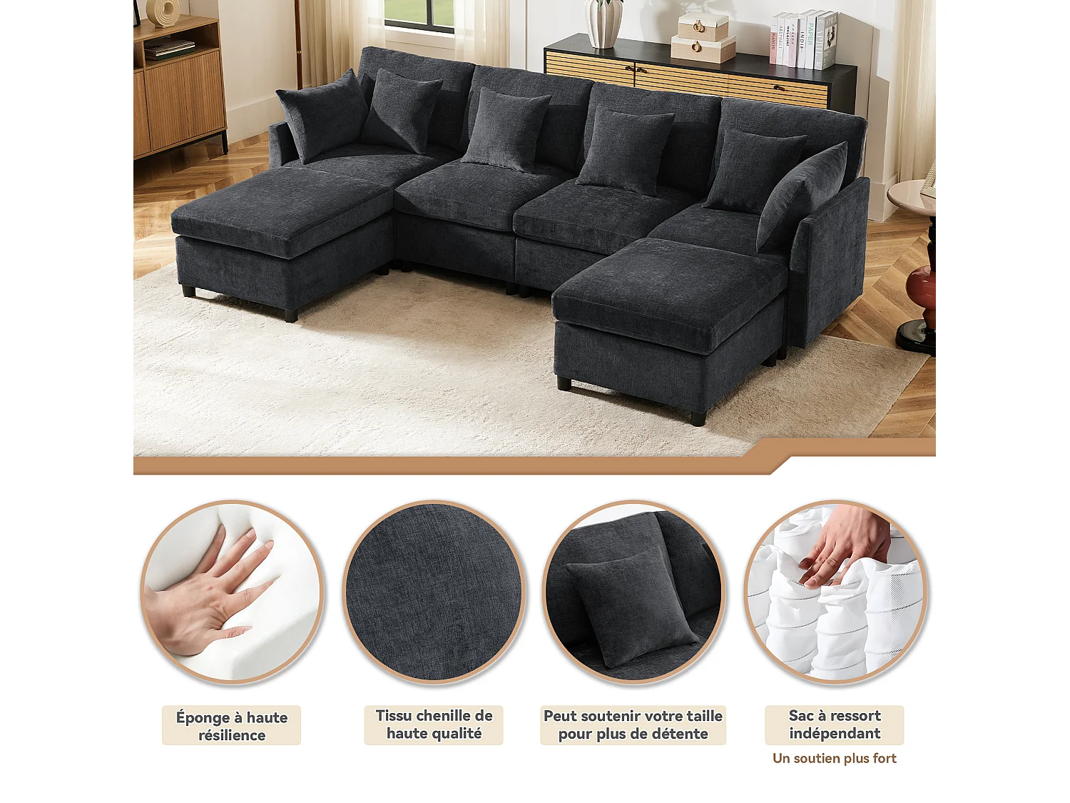Sofá de canto em L - 216 x 161 x 81 cm - sofá de 4 lugares - com apoio para os pés removível - chenille - cinza