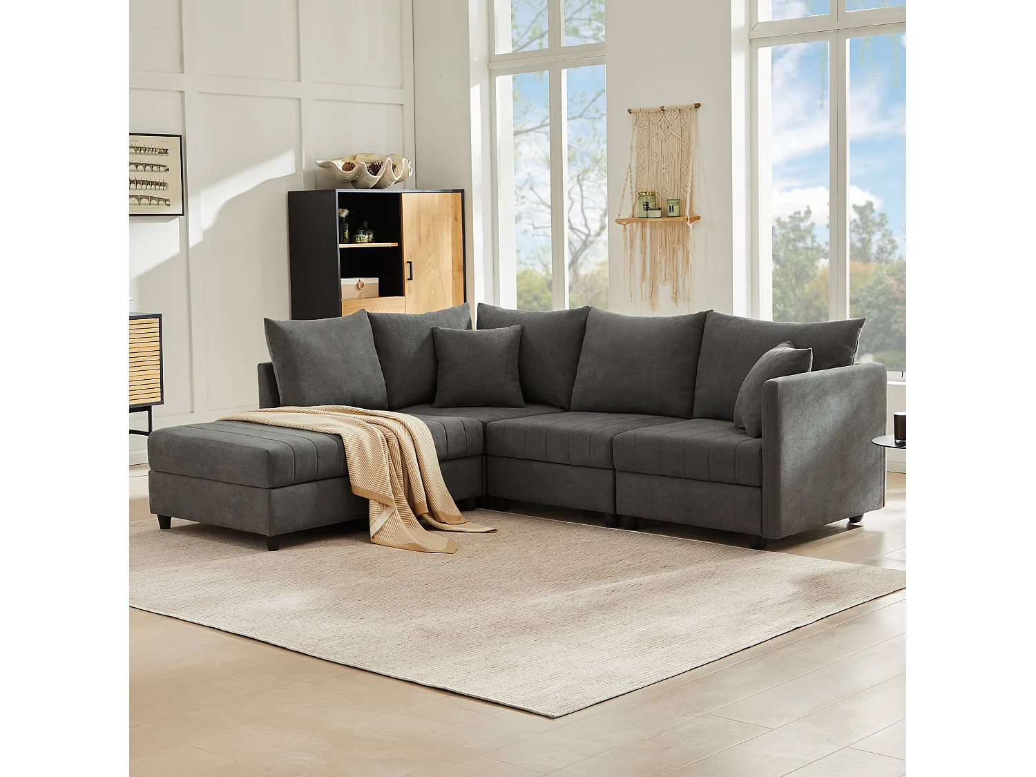 Moderne hoekbank - 220 x 194 x 85 cm - 5-zits modulaire bank - met omvormbare voetenbank - Katoen en linnen - grijs