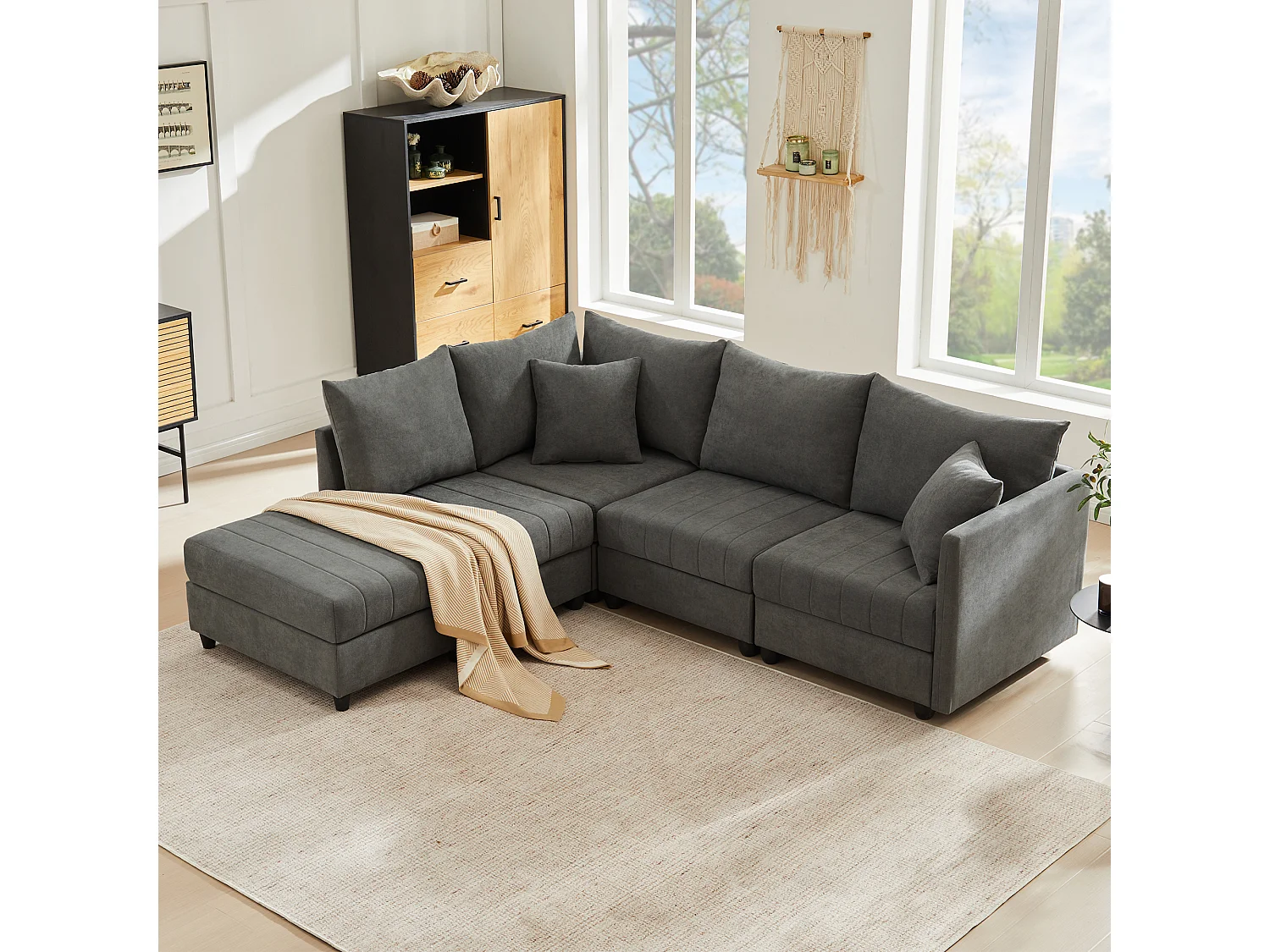 Moderne hoekbank - 220 x 194 x 85 cm - 5-zits modulaire bank - met omvormbare voetenbank - Katoen en linnen - grijs