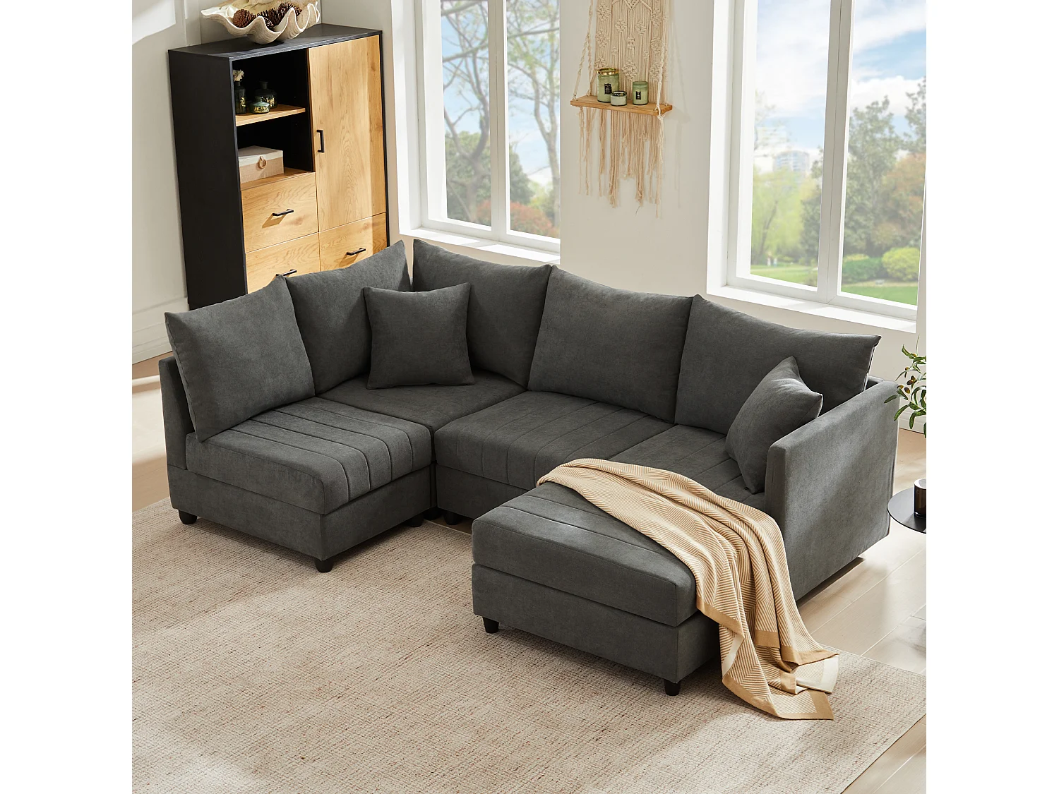 Moderne hoekbank - 220 x 194 x 85 cm - 5-zits modulaire bank - met omvormbare voetenbank - Katoen en linnen - grijs