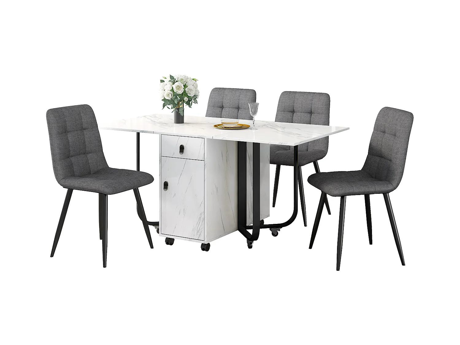 Set tavolo e sedie allungabili - 150 x 80 x 76 cm - con 4 sedie + tavolo pieghevole con 1 cassetto + anta - MDF - bianco + grigio