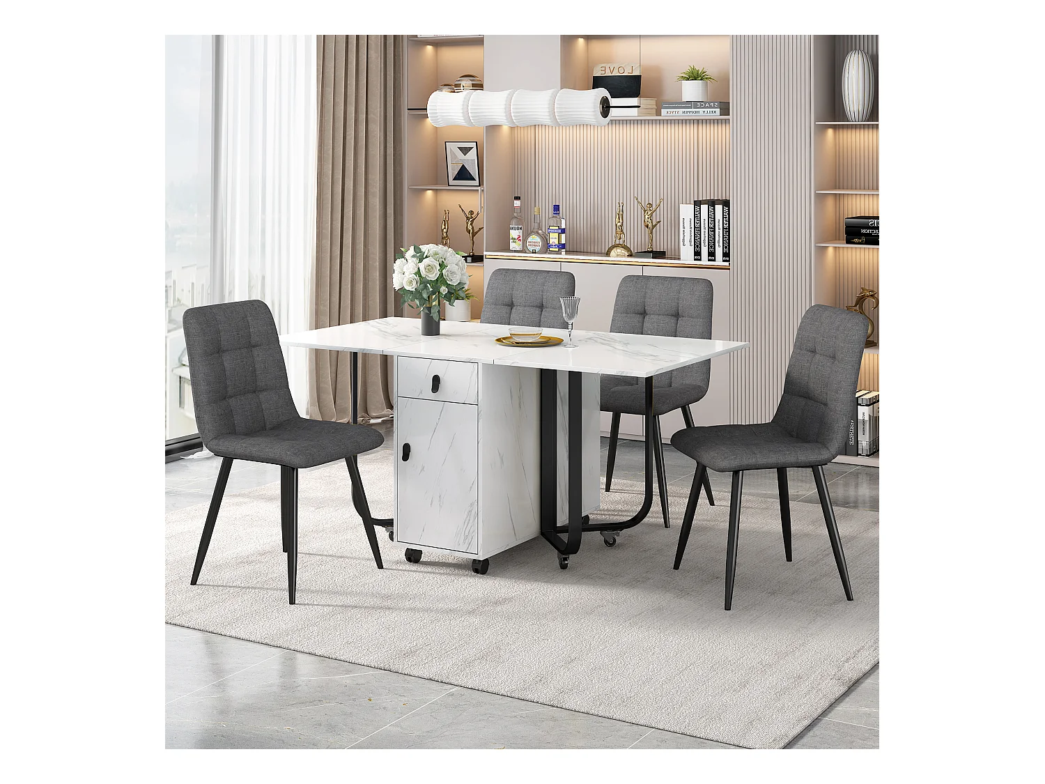 Ensemble table extensible et chaises - 150 x 80 x 76cm - avec 4 chaises + table pliante avec 1 tiroir + porte - MDF - blanc + gris