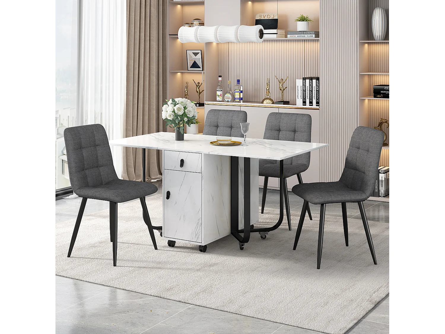 Conjunto de mesa e cadeiras extensíveis - 150 x 80 x 76 cm - com 4 cadeiras + mesa dobrável com 1 gaveta + porta - MDF - branco + cinza