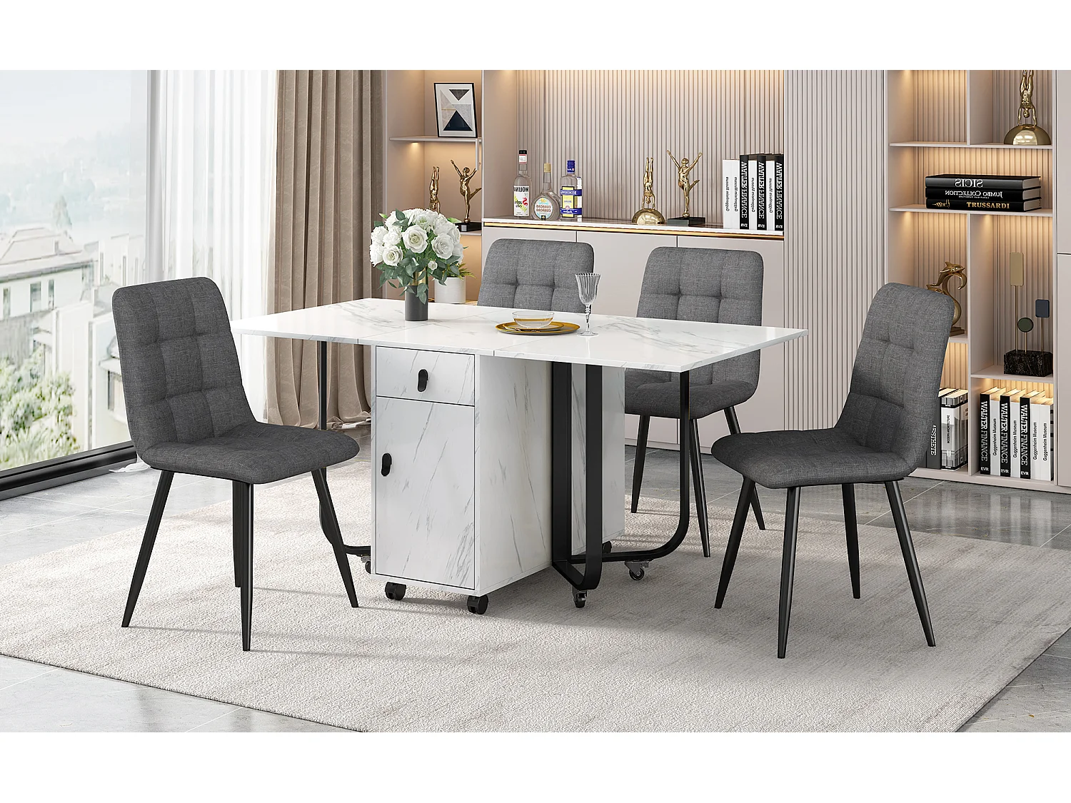 Conjunto de mesa e cadeiras extensíveis - 150 x 80 x 76 cm - com 4 cadeiras + mesa dobrável com 1 gaveta + porta - MDF - branco + cinza