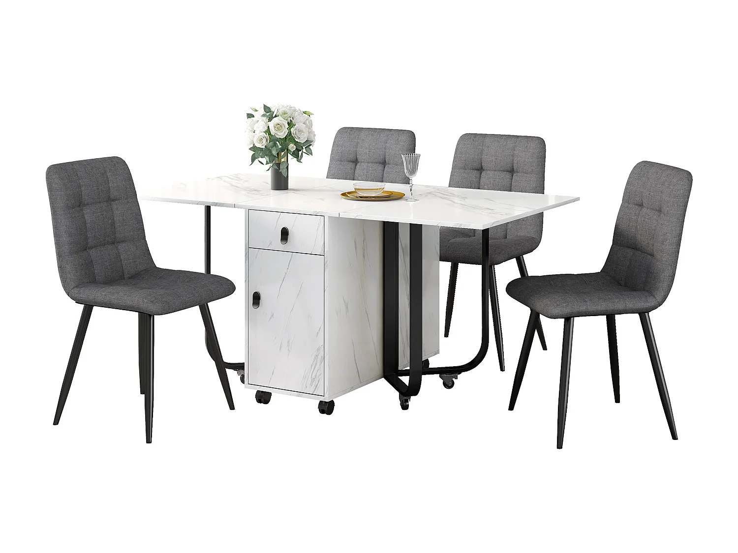 Conjunto de mesa e cadeiras extensíveis - 150 x 80 x 76 cm - com 4 cadeiras + mesa dobrável com 1 gaveta + porta - MDF - branco + cinza