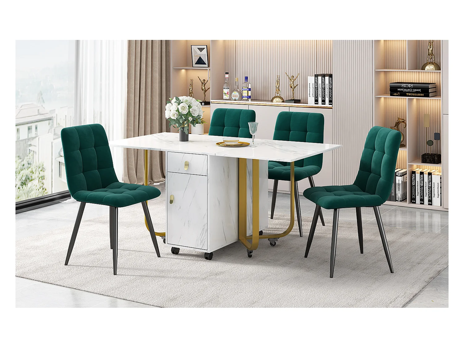 Uitschuifbare tafel en stoelenset - 150 x 80 x 76 cm - met 4 stoelen + opklapbare tafel met 1 lade + deur - MDF - wit + groen