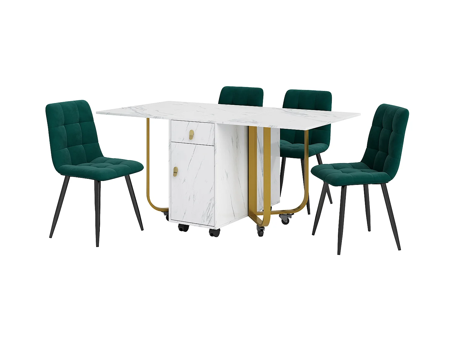 Uitschuifbare tafel en stoelenset - 150 x 80 x 76 cm - met 4 stoelen + opklapbare tafel met 1 lade + deur - MDF - wit + groen