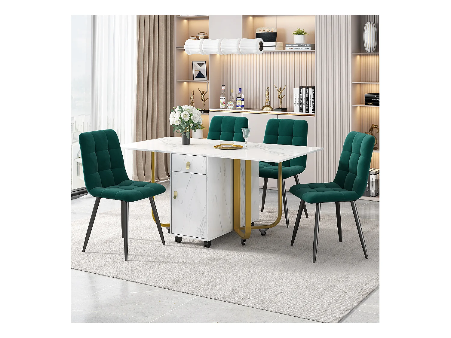 Ensemble table extensible et chaises - 150 x 80 x 76cm - avec 4 chaises + table pliante avec 1 tiroir + porte - MDF - blanc + vert