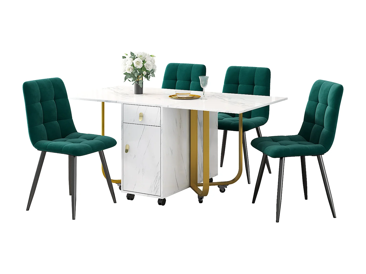 Ausziehbares Tisch- und Stuhlset - 150 x 80 x 76 cm - mit 4 Stühlen + Klapptisch mit 1 Schublade + Tür - MDF - weiß + grün