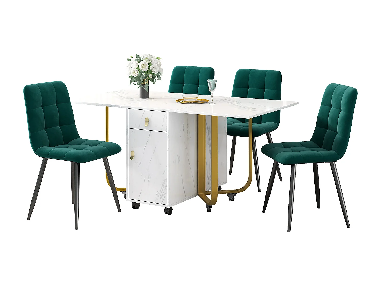 Ausziehbares Tisch- und Stuhlset - 150 x 80 x 76 cm - mit 4 Stühlen + Klapptisch mit 1 Schublade + Tür - MDF - weiß + grün