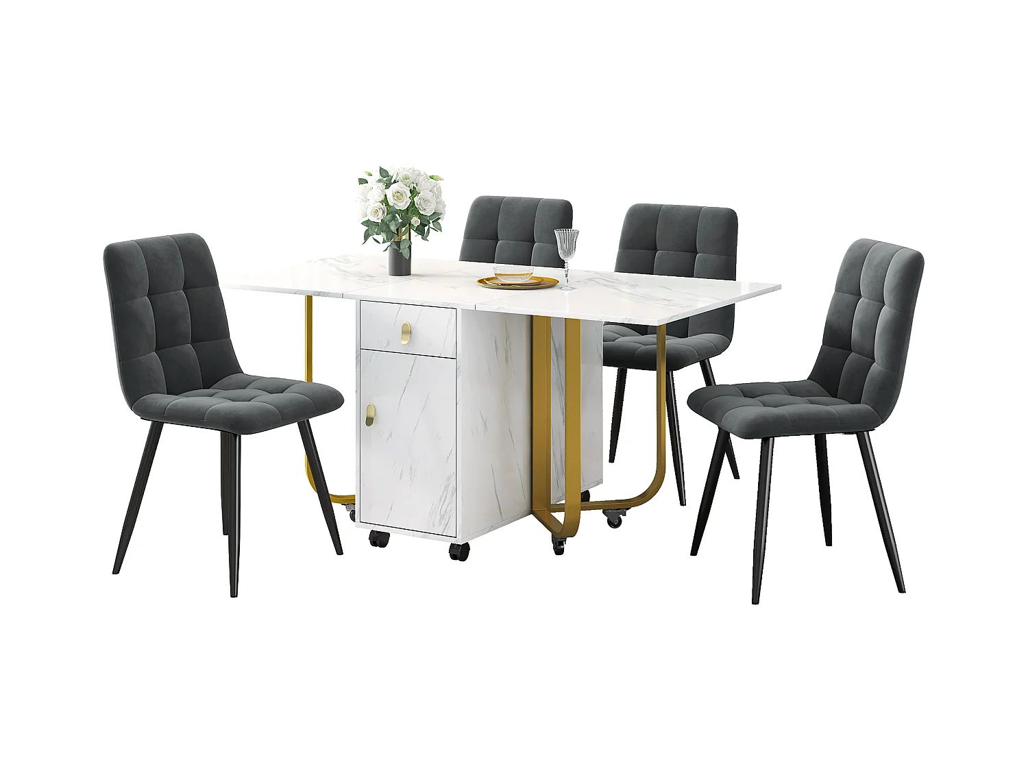 Ensemble table extensible et chaises - 150 x 80 x 76cm - avec 4 chaises + table pliante avec 1 tiroir + porte - MDF - blanc