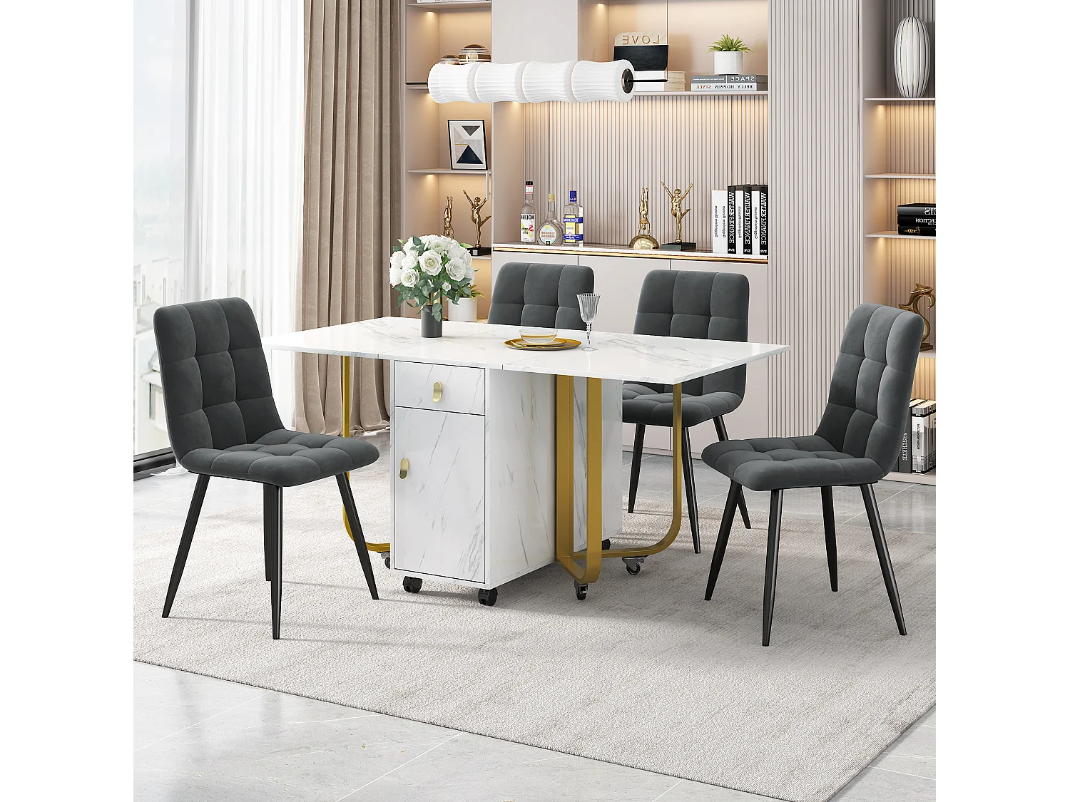 Ensemble table extensible et chaises - 150 x 80 x 76cm - avec 4 chaises + table pliante avec 1 tiroir + porte - MDF - blanc