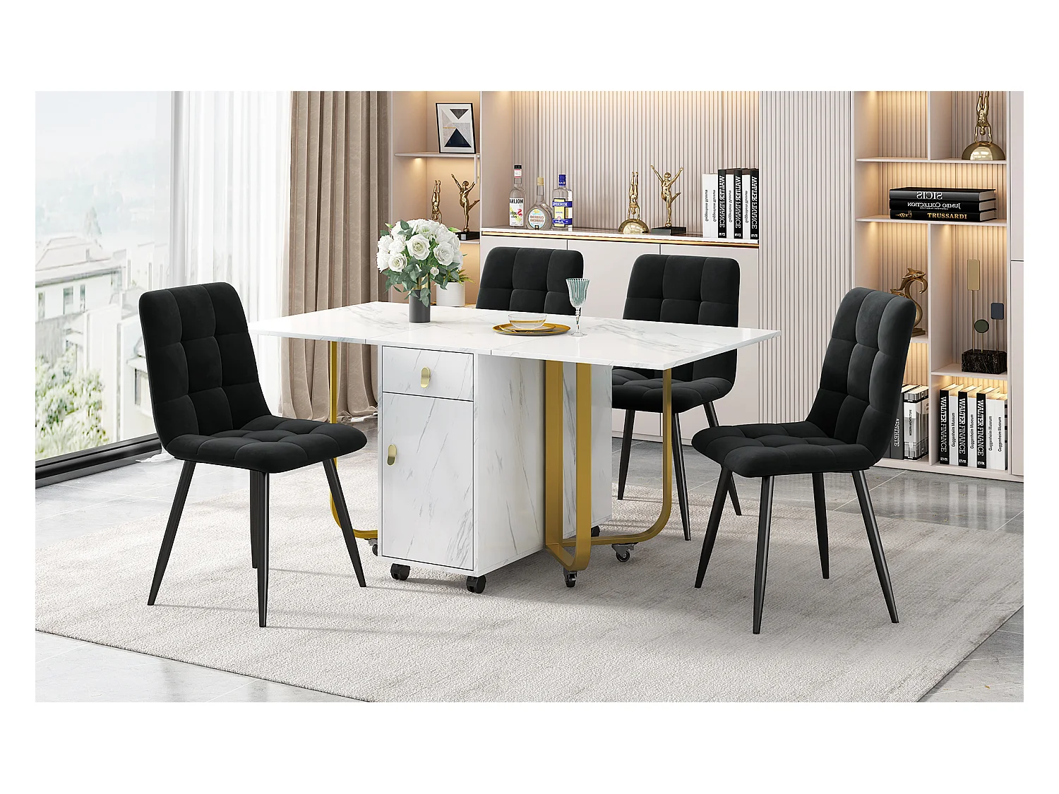 Ensemble table extensible et chaises - 150 x 80 x 76cm - avec 4 chaises + table pliante avec 1 tiroir + porte - MDF - blanc + noir