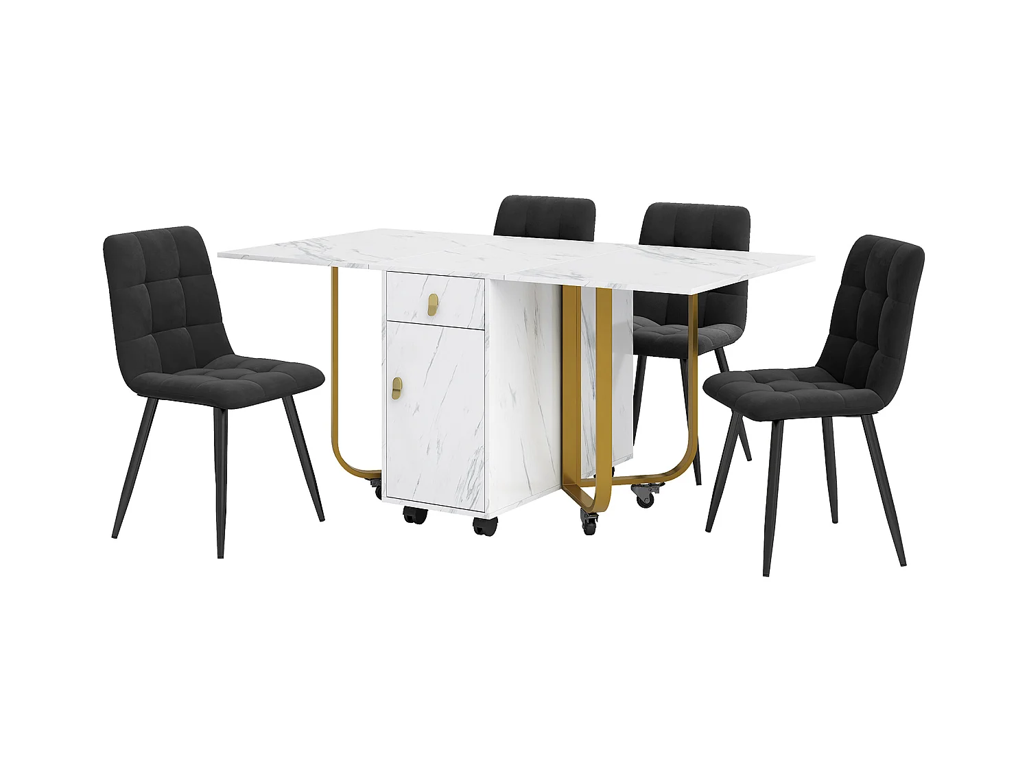 Ensemble table extensible et chaises - 150 x 80 x 76cm - avec 4 chaises + table pliante avec 1 tiroir + porte - MDF - blanc + noir