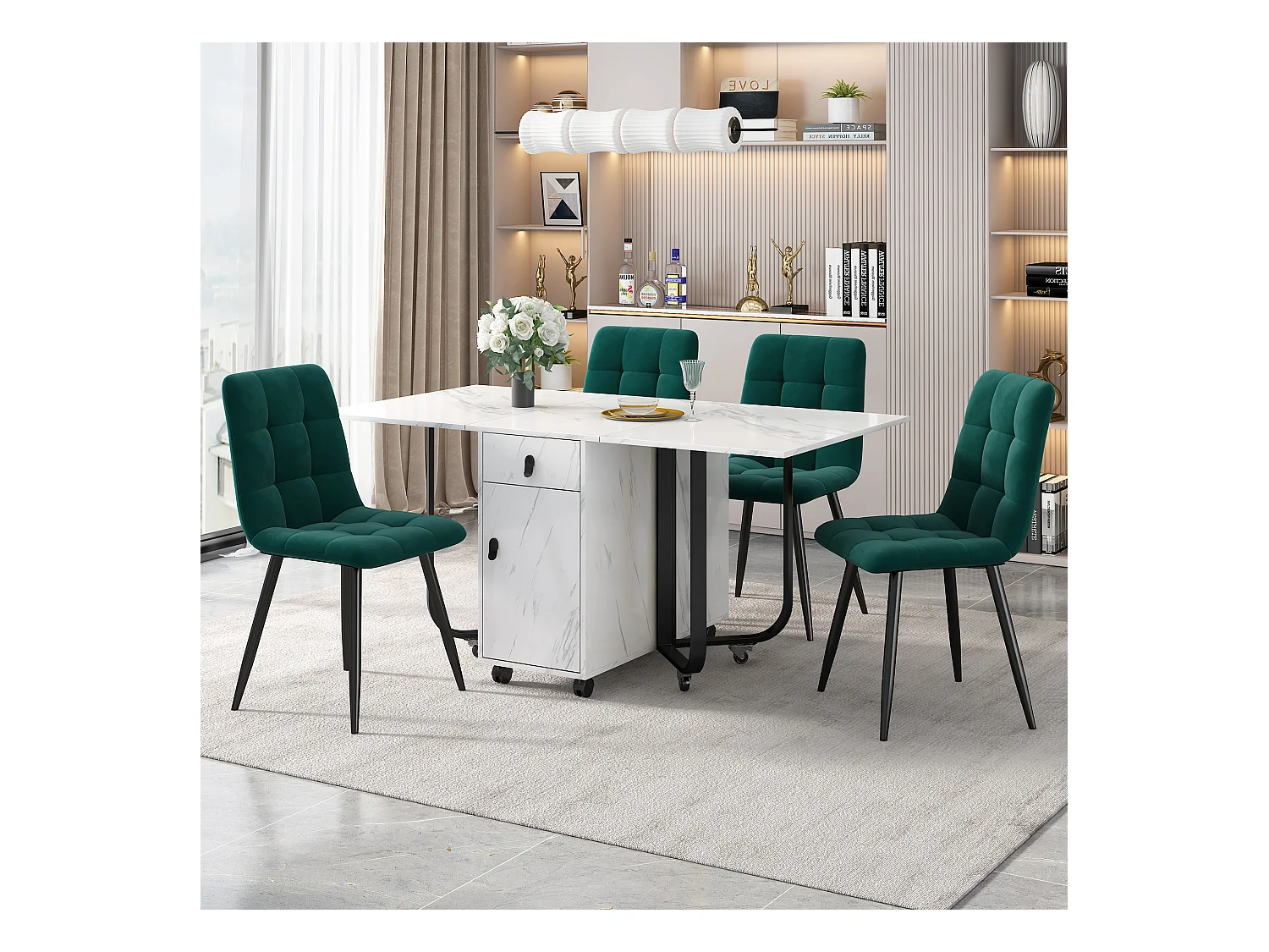 Ensemble table extensible et chaises - 150 x 80 x 76cm - avec 4 chaises + table pliante avec 1 tiroir + porte - MDF - blanc + vert