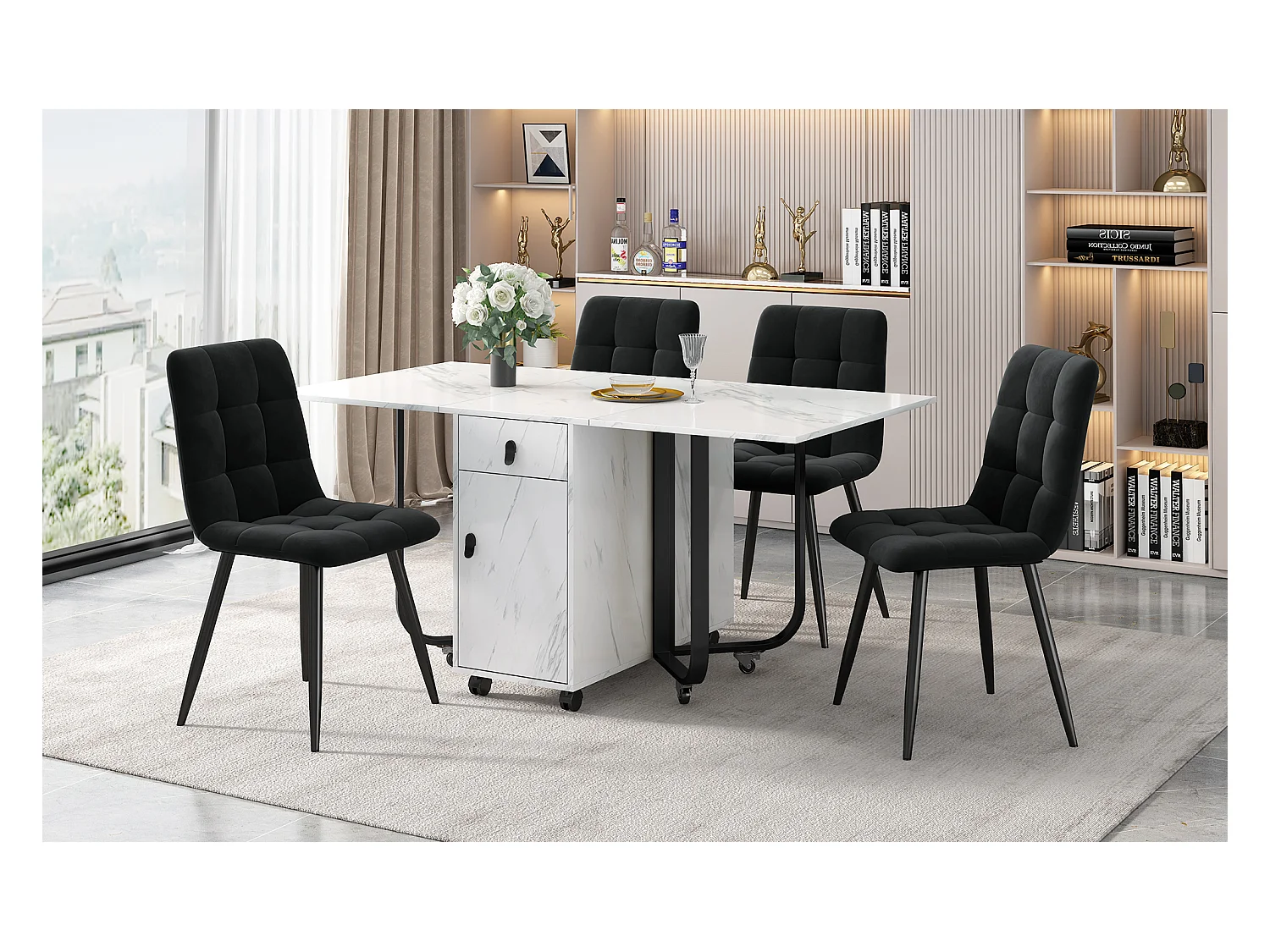 Ausziehbares Tisch- und Stuhlset - 150 x 80 x 76 cm - mit 4 Stühlen + Klapptisch mit 1 Schublade + Tür - MDF - Weiß + Schwarz