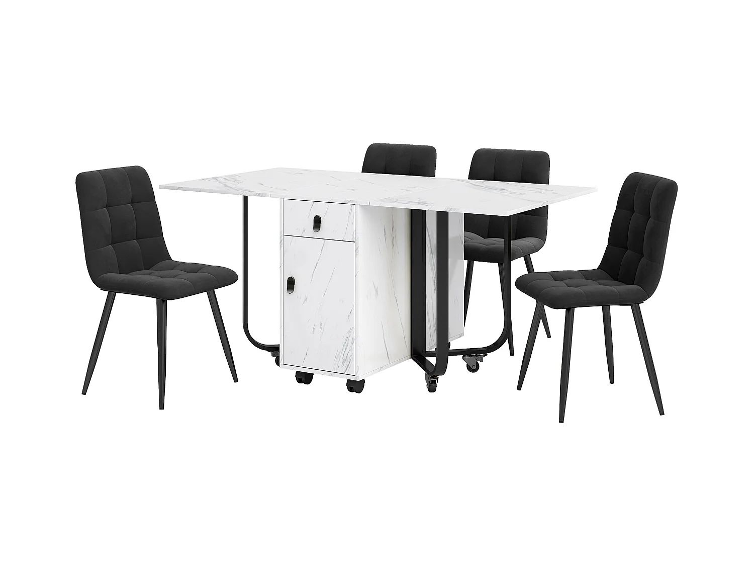 Ausziehbares Tisch- und Stuhlset - 150 x 80 x 76 cm - mit 4 Stühlen + Klapptisch mit 1 Schublade + Tür - MDF - Weiß + Schwarz