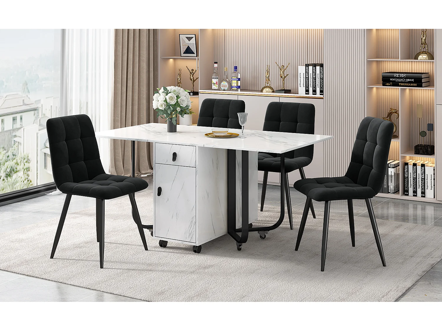 Set tavolo e sedie allungabili - 150 x 80 x 76 cm - con 4 sedie + tavolo pieghevole con 1 cassetto + anta - MDF - bianco + nero