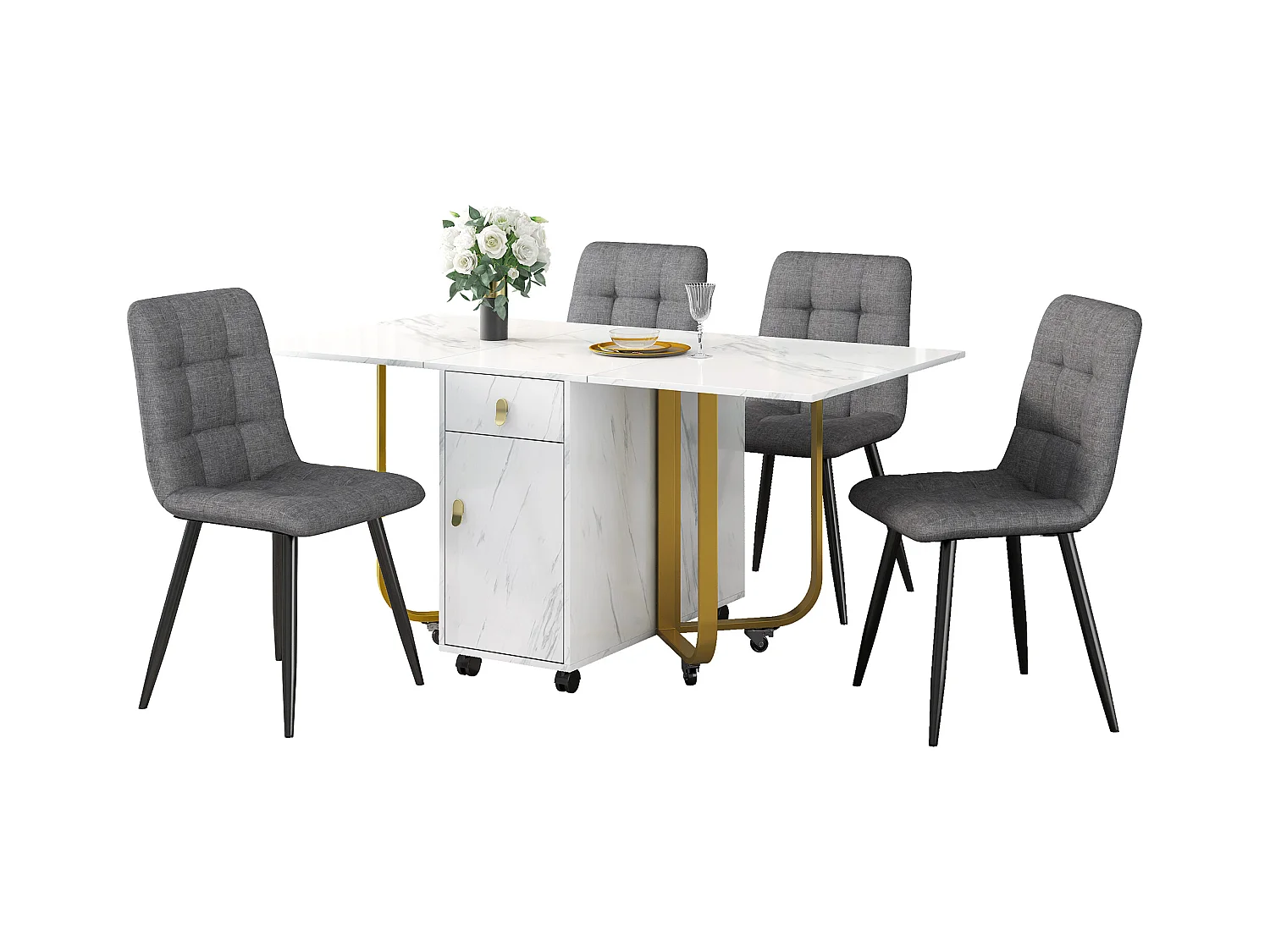 Ausziehbares Tisch- und Stuhlset - 150 x 80 x 76 cm - mit 4 Stühlen + Klapptisch mit 1 Schublade + Tür - MDF - weiß + grau