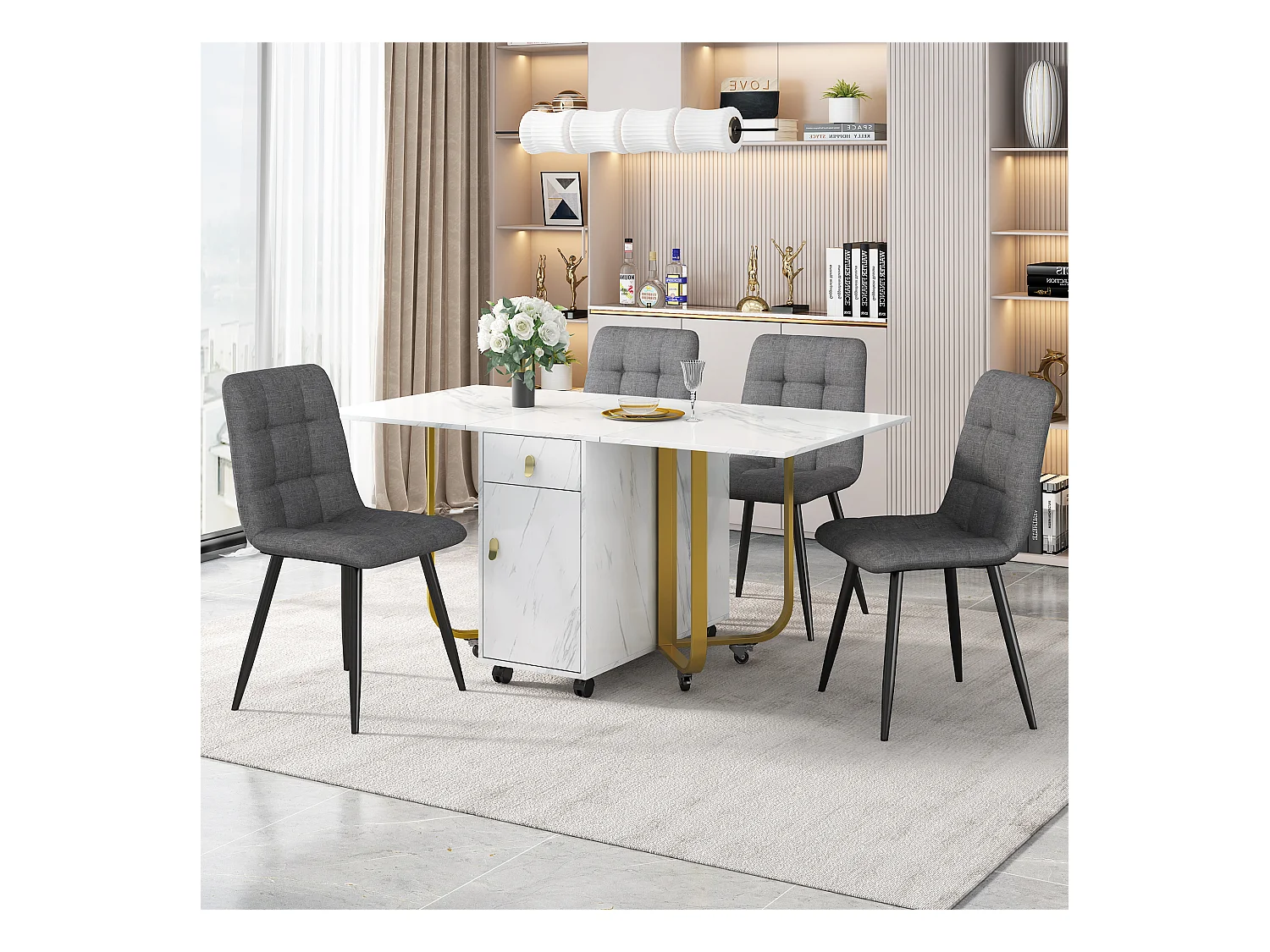 Ensemble table extensible et chaises - 150 x 80 x 76cm - avec 4 chaises + table pliante avec 1 tiroir + porte - MDF - blanc + gris