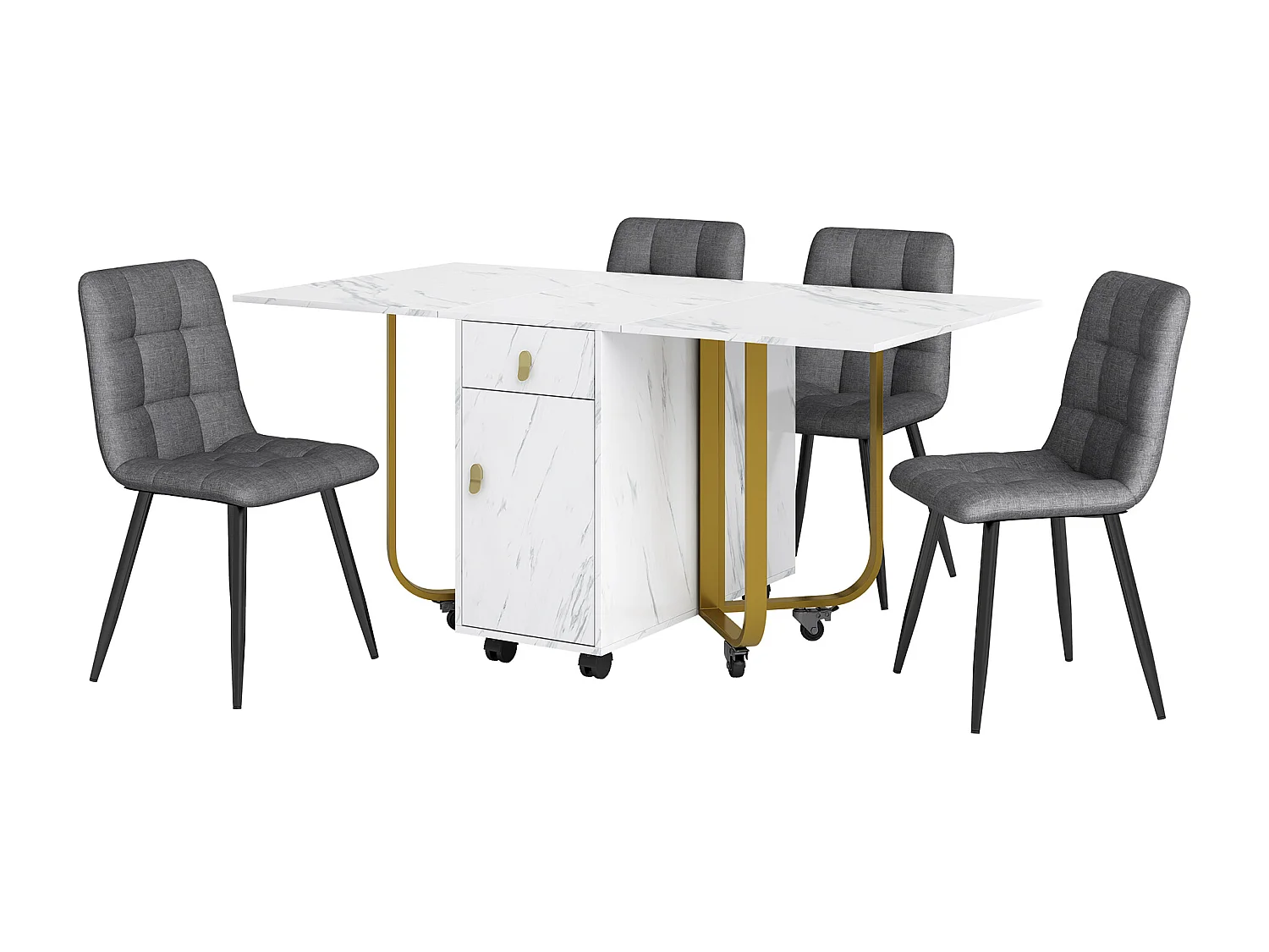 Ensemble table extensible et chaises - 150 x 80 x 76cm - avec 4 chaises + table pliante avec 1 tiroir + porte - MDF - blanc + gris